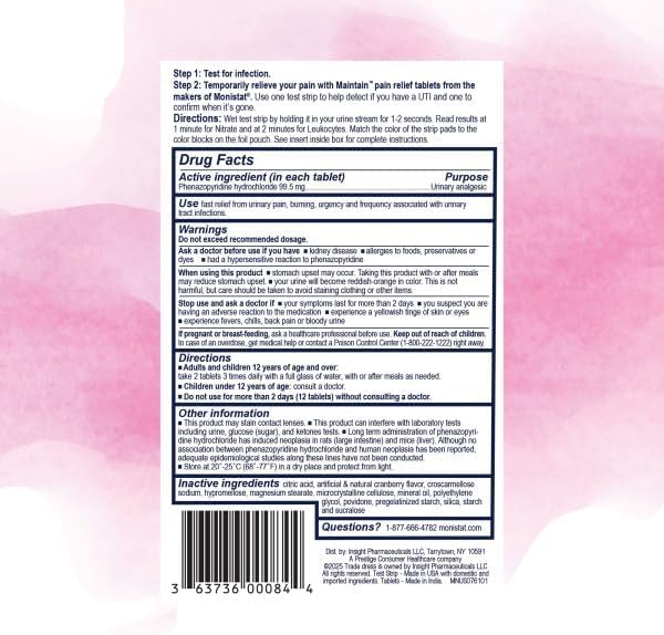 Monistat Maintain UTI Test and Pain Relief Kit, UTI Test Strips and Urinary Pain Relief Tablets, Cranberry Flavor Coating, 2 Test Strips and 12 Tablets (Pack of 4)