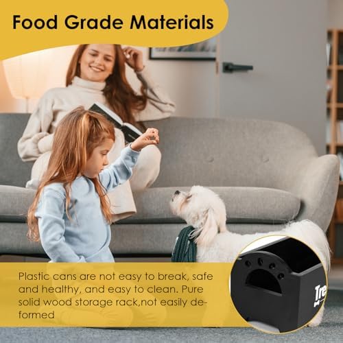 Dog Treat Container, Dog Food Storage Container with 3 Plastic Treat Jars, Wood Countertop Dog Treat Holder, Reusable Dog Treat Storage Organizer, Pet Food Container for Dogs Cats (black)