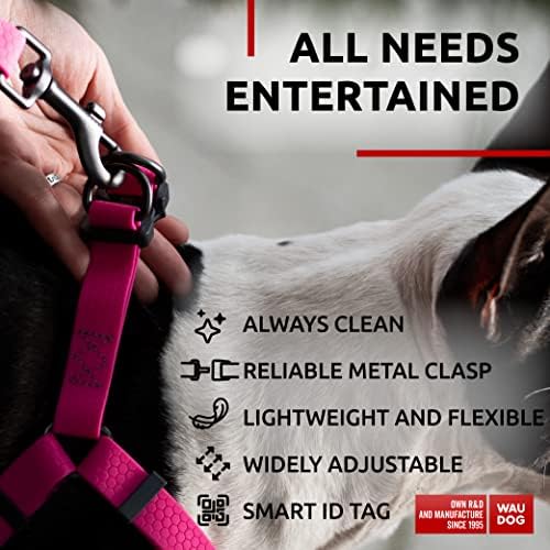 WAUDOG Waterproof Dog Harness - Adjustable, Heavy Duty with Durable Metal Clasp & QR Dog Tag - Modern Style for Medium Dogs - Pink, Size S: 16-22"