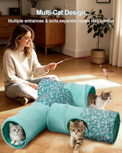 Cat Tunnel, 3 Straight Shaped Tunnels 6 DIY Shapes with Wand Toys, No Noise Scratch Resistant Cool Linen Fabric, Interactive Pet Tunnel Tube for Indoor Cats, Puppy and Rabbits