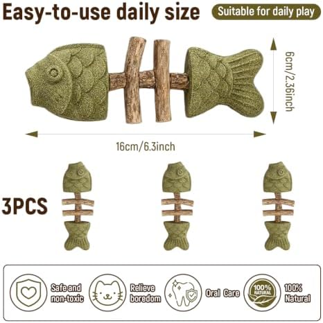 3 PCS Catnip and Silvervine Chew - Natural Catnip & Silvervine Teeth Cleaning Stick, Fishbone-Shaped Cat Dental Toy for Chewing, Licking, Pawing, Boredom Relief & Enrichment for Cats