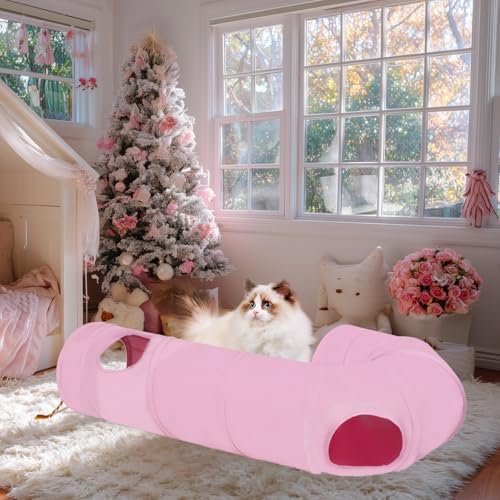 Cat Tunnel, 2-Way Collapsible Cat Tube with Interactive Peek-A-Boo Hole, Toy Ball, and Rope – Ideal for Indoor Cats, Kittens, and Rabbits (Pink)