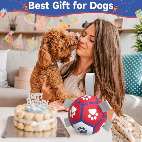 Diman Small Dog Toys, 5 Inch Dog Balls, Soccer Ball for Dogs with Straps