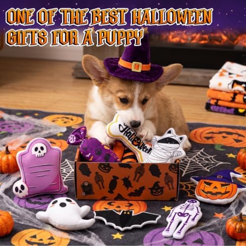Soulchen 8 Pcs Halloween Dog Squeaky Toys, Plush Stuffed Chew Bulk with Squeakers, 8 Styles Interactive Funny Puppy Enrichment Set for Small Medium Pets