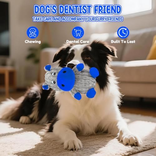 loncoldy Squeaky Dog Toys, Tough Stuffed Animals Hippo Chew Toy Blue