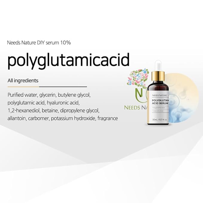 Polyglutamic Acid 10% Facial Serum for Face – NEEDS NATURE DIY Hydrating Booster with Hyaluronic Acid & Allantoin | Korean Skincare for Dry, Sensitive Skin | 30ml