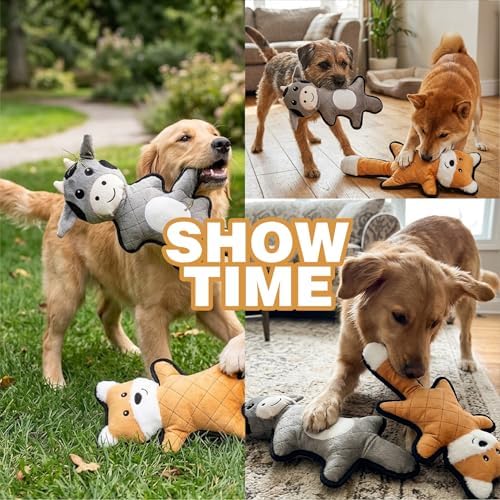 PetLike Tough & Durable Plush Dog Toy Set - 2 Pack - Interactive Animal Chew Toys for Puppies & Dogs, Perfect for Teething, Fetch & Cuddly Playtime (Grey Cow+Orange Fox)