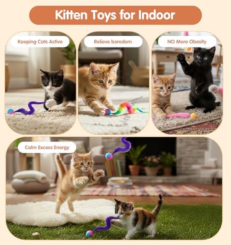 7pcs Worm Cat Toy,Nerf Cats Ball with Worm,Cat Toy Fuzzy Worms with Ball, Durable Cats Balls Toys with Soft Rope Tail,Interactive Colorful Fuzzy Balls for Pet Party Favors,Rainbow Colors