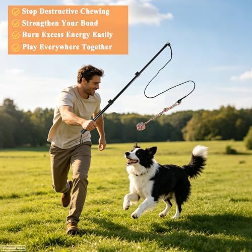 Flirt Pole for Dogs, Heavy Duty Dog Teaser Wand with 3 Replacement Rope