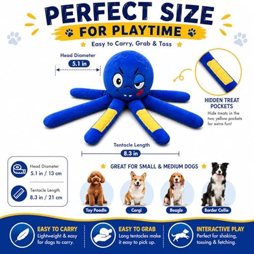 Octopus Dog Toy, Squeaky Plush Toy for Small and Medium Dogs | Funny Octopus Dog Toy with 6 Floppy Tentacles, Squeaker, Crinkle Sounds and Tiny Treat Pockets for Small and Medium Dogs