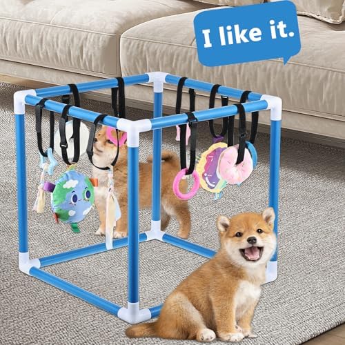 Puppy Play Gym with 10 Hanging Toys Removable Dog Enrichment Playground Interactive Indoor Training Activity Center for Small Dogs, Adjustable PVC Frame for Entertainment Teething Mental Stimulation