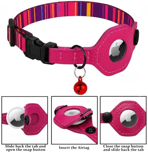 Breakaway Cat Collar with Leather AirTag Holder & Bell - Apple Air Tag Cat Collars for Girls & Boys, Lightweight Anti-Lost GPS Tracker Design, Printed Pattern - Safety and Adjustable (Striped)