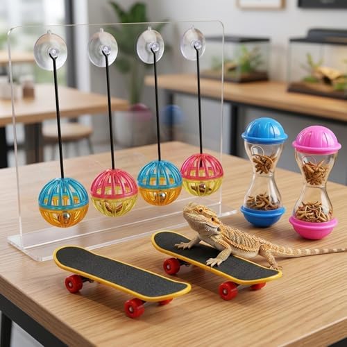 Bearded Dragon Toys, Bearded Dragon Enrichment Toys Set with Feeding Balls and Skateboards, Interactive Lizard Toy Accessories for Small Reptiles and Pets, 8-Piece Habitat Enrichment Kit