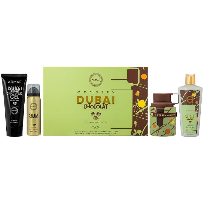 Armaf Odyssey Dubai Chocolat – Gourmand, Sweet, Woody – 4-Piece Gift Set for Unisex (3.4 oz Eau de Parfum + 3.4 oz Shower Gel + 1.7 oz Body Spray + 8.4 oz Shampoo)