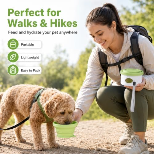 3-in-1 Portable Dog Travel Bowl, Foldable Silicone Pet Walking Container with Treat Storage & Poop Bag Dispenser, Comes with 1 Roll of Poop Bags, Ideal for Hiking, Camping, and Travel, Gray Green.