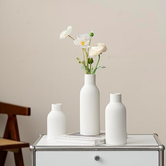 Modern Ceramic Vases Set of 3, White Ribbed Decorative Vases, Shelf Table Centerpiece for Home Decor, Birthday Gifts for Women, Mom, Grandma Decorative (White)