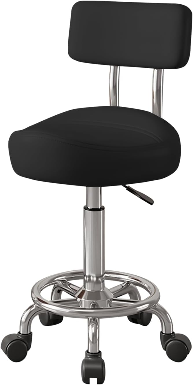 Saddle Stool with Back and Ring Pedal, Adjustable Hydraulic Rolling Chair with Wheels for Salon, Spa, Medical, Massage & Drafting Use Black