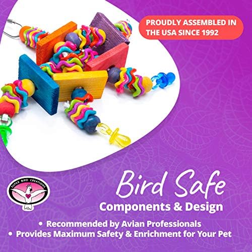 Super Bird Creations SB736 Wiggles and Wafers Bird Toy - Interactive Enrichment for Conures, Quakers, Caiques, Pionus, Senegals - Wooden, Acrylic Beads, Pacifiers - Medium Bird Size, 3” x 5” x 9”