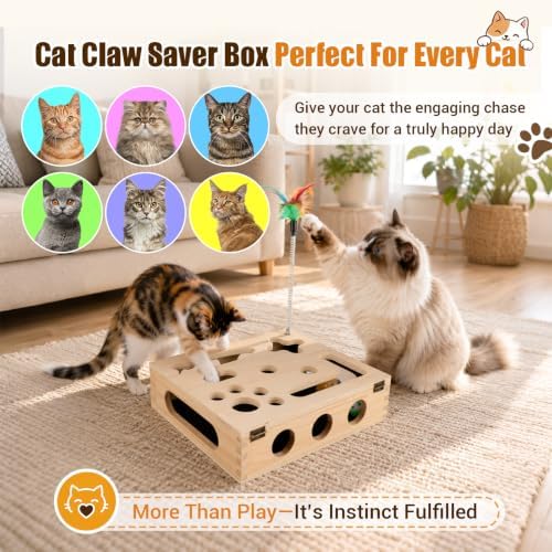 Cat Scratch Puzzle Enrichment Box, Wooden Interactive Toy for Indoor Cat