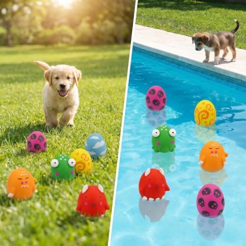 Squeaky Dog Toys for Interactive Fetch Play Durable Chewing Soft Rubber Latex Bouncy Egg Balls Puppy Toys with Cute Pattern Funny Face for Puppy Small Medium Dogs 6PCS