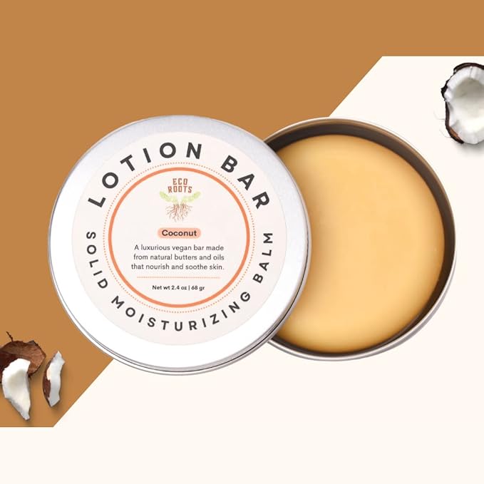 ECO ROOTS Solid Lotion Bar for Dry Skin – Body Moisturizer Tin with Candelilla Wax, Non Greasy Body Butter & Massage Oil Stone, Travel Ready, Vegan Zero-Waste, Long Hydration - Handmade in USA