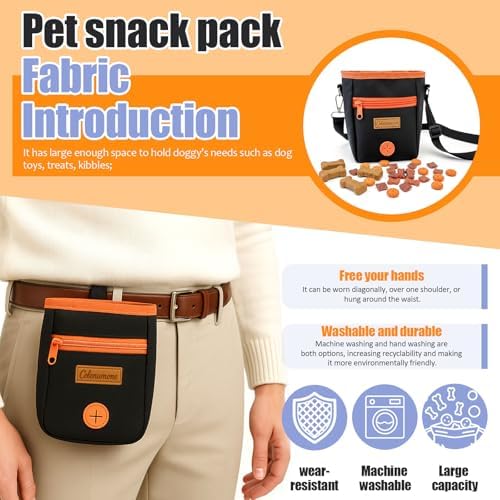 Dog Treat Pouch for Training and Walking, Water-Resistant Puppy Snack Bag with Poop Bag Dispenser, Adjustable Shoulder Strap and Waist Clip, Large Capacity Treat Holder, Black & Orange