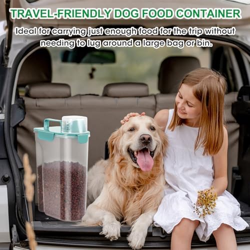 Pet Dog Cat Food Storage Container 5 to 7 lbs with Can Cover and Mixing Spoon, Airtight Travel Pet Food Storage Dispenser with Easy-pouring Spout & Cup, Kibble Dog Treat Bird Seed Container -Cyan