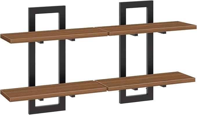 HOOBRO Floating Shelves, 15 Inch Wall Shelf Set of 2, Wall Mounted Storage Shelves 2-Tier, Hanging Bathroom Shelves, for Living Room, Bedroom, Bathroom, Kitchen, Walnut and Black BH32BJ01