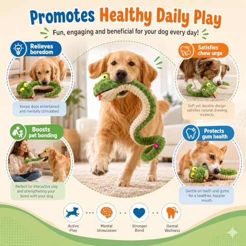 Squeaky Dog Plush Chew Toy, Interactive Tug Squeaky Toy for Chewers, Medium & Large Dogs & Fetch Play, 39.4In Stuffed Silly Snake Toy with Elastic Stretchable Body for Gentle Gum Care & Boredom Relief