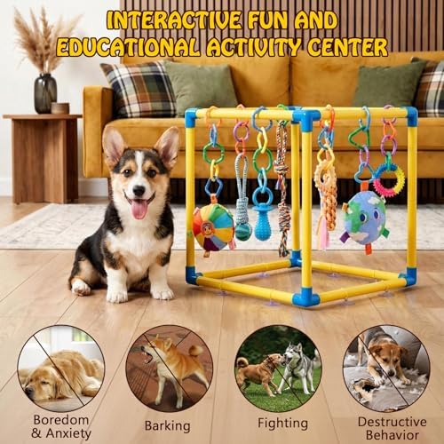 Puppy Play Gym with 8 Hanging Toys, Small Dogs Indoor Jungle Playground, PVC Frame with Suction Cups Interactive Enrichment Activity Center