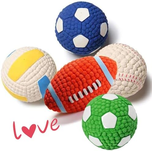 Squeaky Chew Dog Toys Interactive Sports Balls with Squeaker Soft Latex Rubber Bouncy Fetch Ball Toy (Soccer, Volleyball, Football, Tennis) for Puppy & Dog (Soccer-Green,Small)