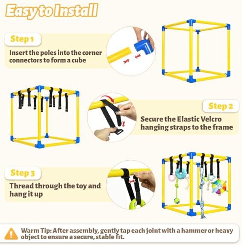 Puppy Play Gym with 9 Hanging Toys for Small Dogs, PVC Frame with Bungee Straps, Interactive Indoor Jungle Playground for Entertainment, Teething and Mental Stimulation(Yellow)