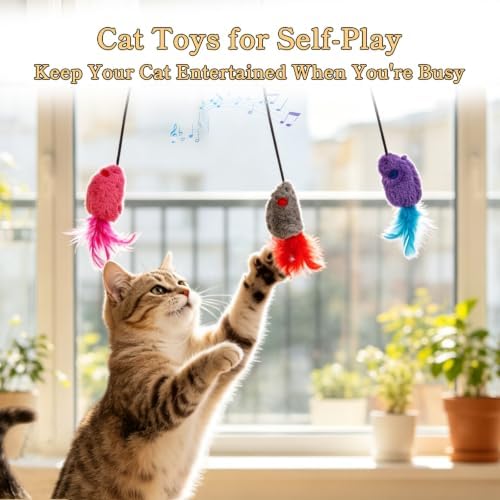 Hanging Door Cat Toy with Elastic String, Interactive Cat Toys for Indoor Cats, Retractable Door Hanging Cat Teaser with Bell/Feather/Plush (Plush Mouse 3 Pack)
