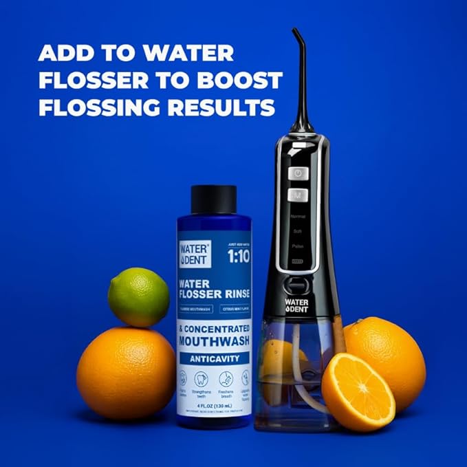 WATER DENT Fluoride Mouthwash and Water Flosser Аdditive | Add to Oral irrigator | Citrus Mint Flavor | Alcohol Free, Made in USA | Concentrated 1:10 = 44 fl.oz