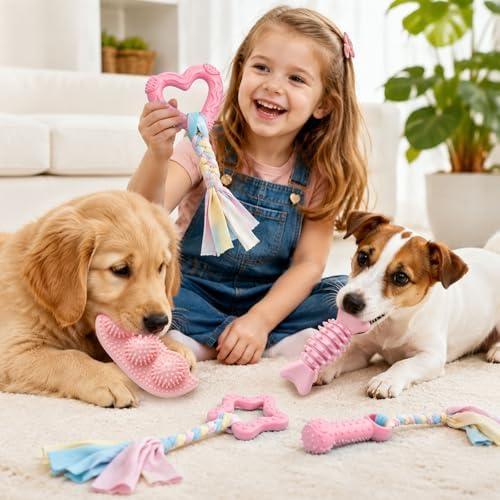 5 Pack Puppy Chew Toys for Small Dogs,Puppy Teething Toys for Small Puppies,Soft Rubber Dog Toys for Small Breed Interactive Chew Toys to Keep Them Busy (Pink)