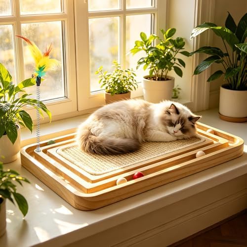 Sisal Cat Scratcher Pad with Ball Track, Wooden Interactive Cat Puzzle Toy