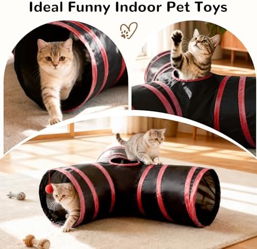 Tempcore Cat Tunnel, 3-Way Collapsible Toy for Indoor Cats, Black & Red