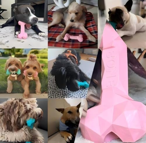 Greatbone Dog Chew Toy, Pink Bone Shape, Geometric Design, Durable Treat Dispenser, Interactive Pet Toy