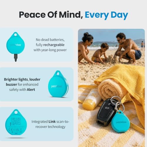 Pebblebee Clip 5 Bluetooth Tracker Tag, 130dB Siren | Tidal Cyan | Alt to Air Tag & Android Trackers | LED Strobe, 12-Mo Battery, Alert Safety Mode