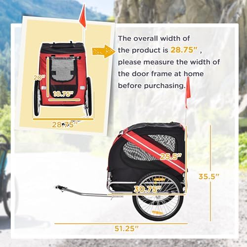 Heavy-Duty Dog Bike Trailer & Pet Cargo Carrier with 3 Zippered Doors 20" Off-Road Wheels for Medium Dogs Up to 44 lbs - Easy Fold & Storage Red/Black
