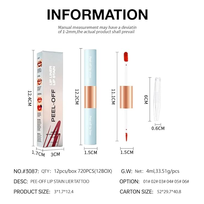 Matte Lip Stain Peel Off Lip Gloss& Lip Liner 2-in-1: One end defines lips with precision liner, the other peels off to reveal long-lasting, waterproof, smudge-proof, transfer-proof matte color.3#