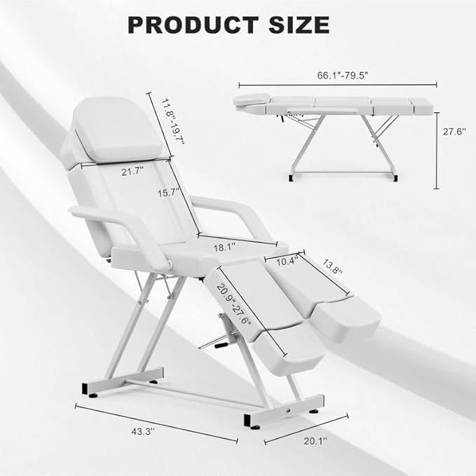SyyBhb Multi-Purpose Massage Table Tattoo Bed Chair with Storage Pocket for Esthetician, Split Legs, Adjustable Length & Angle, 3 Section, White
