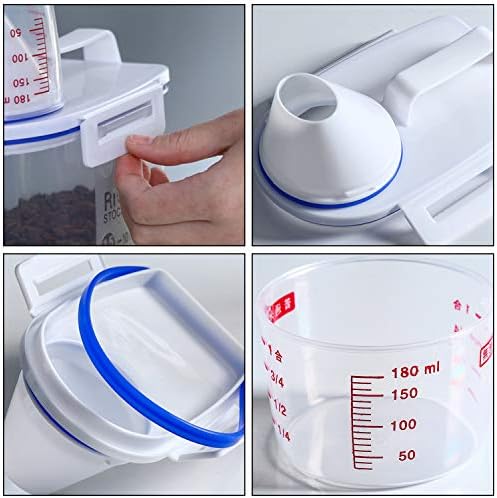 Rocutus Pet Food Storage Container,Portable Cat Dog Food Container With Measuring Cup,4 Seal Buckles Food Dispenser for Regular Food,Dogs, Cats, Birds (White Blue)
