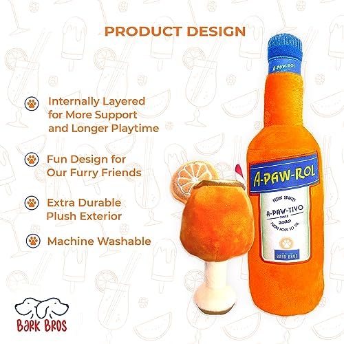 Bark Bros - Liquor Bottle Dog Toy - Plush Squeaky Dog Toys Funny Drink Parody - Alcohol Dog Toy - Dog Birthday Toy - Cute Dog Toys - Puppy Gifts - Puppy Stuff - Dog Stuff (Large, Apawrol Spritz)
