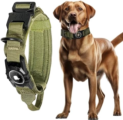 Heavy Duty Tactical Dog Collar with AirTag Holder, Adjustable GPS Tracking Collar for Small, Medium & Large Dogs, Compatible with Apple AirTag, Includes Control Handle for Added Security(Green, M)