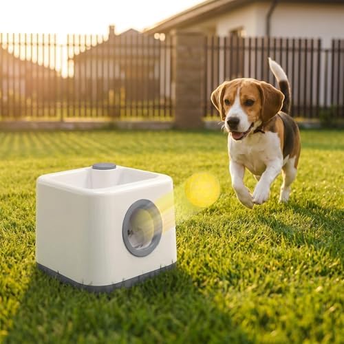 cjc Automatic Dog Ball Launcher,Interactive Fetch Toy for Small/MediumDogs,Pet Ball Thrower Machine for Outdoor Use with 5 PCS Balls,Adjustable Distance 20-40FT (Gray)