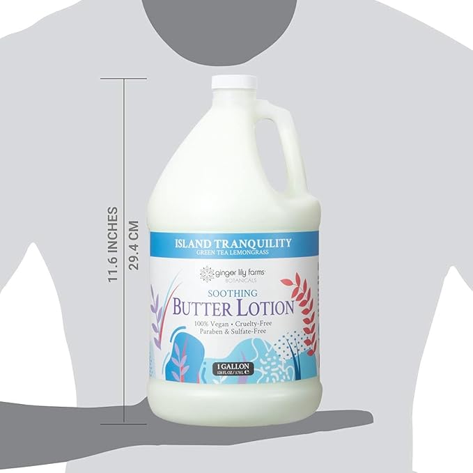 Ginger Lily Farms Botanicals Soothing Butter Lotion for Dry Skin, Island Tranquility, 100% Vegan & Cruelty-Free, Green Tea Lemongrass Scent, 1 Gallon (Pack of 4)