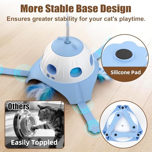 Casfuy 3-in-1 Interactive Whack-a-Mole & Rotating Feather Wand Cat Chasers Toy with Plush Tail, Blue