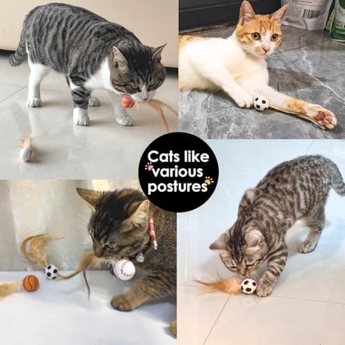 Cat Feather Bouncy Ball Toys, 6 PCS Cat Bulk Bouncy with Feathers, Elastic Bouncy Ball Cats Toys Set for Bored Indoor Adult Kitten Cats