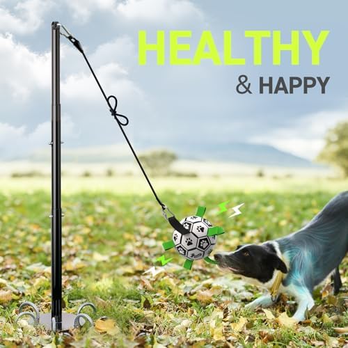 QDAN Tether Tug Outdoor Dog Toy, Durable Interactive Dog Toy with Adjustable Pole, Outdoor Toys for Dogs, Soccer Ball, Self-Play & Tug of War Toy for Small Medium Large Dogs